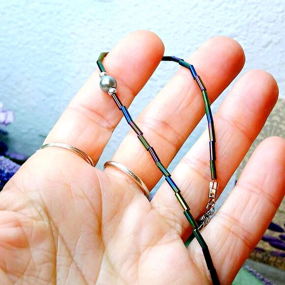 Minimalist Adjustable Beaded Anklet, Rainbow Iridescent Dainty Seed Bead - Picture 6 of 6